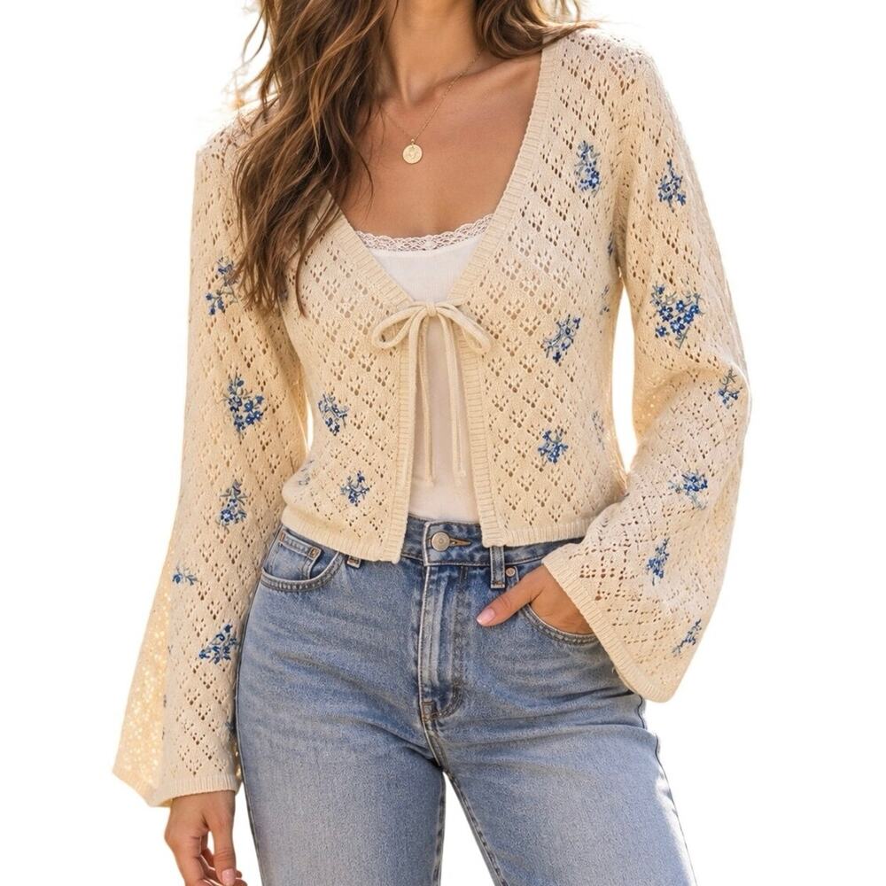 Luna x Sol Cream Blue Floral Embroidered Pointelle Tie Front Cardigan Small